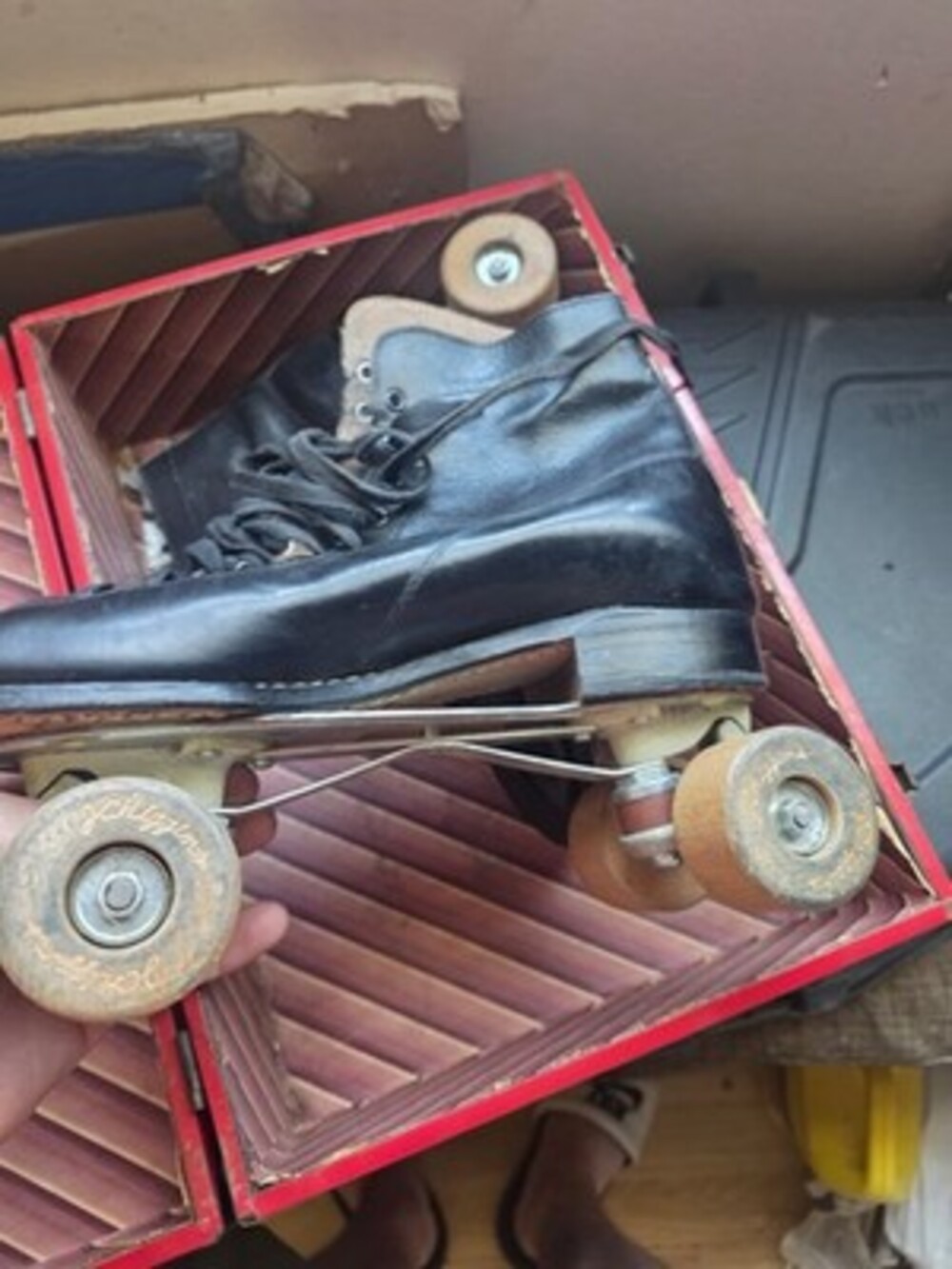 Vintage 1950s J.C. Higgins Roller Skates w/ Original Wood Wheels & Metal Case